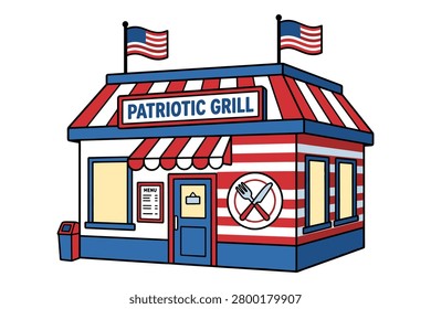 Small restaurant building facade featuring patriotic decorations and national flags on roof.