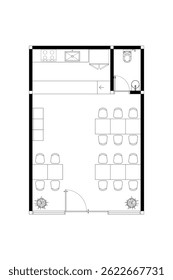 Pequeno restaurante ou plano de chão café com cozinha e linhas de banheiro preto no fundo branco. 14.