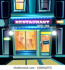 Small Restaurant Full Of Visitors At Evening Time On City Street Cartoon Vector Illustration. Local Cafeteria, Cozy Coffee Shop Or Cafe With Bright Illumination On Facade And Open Plate On Entrance