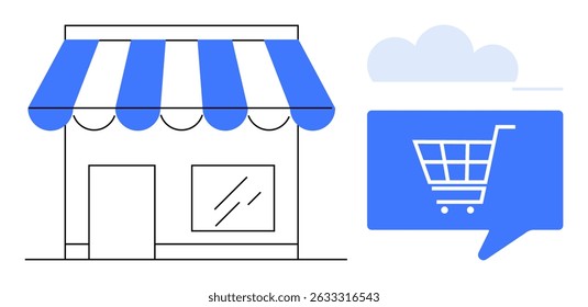 Pequena loja de varejo com toldo listrado azul e branco ao lado de um ícone de carrinho de compras em balão de fala azul com nuvem. Ideal para varejo, comércio eletrônico, compras on-line, pequenas empresas, vitrines de lojas, digitais