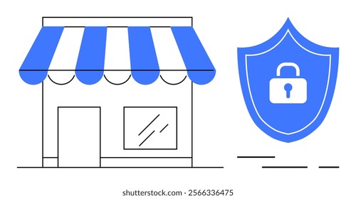 Small retail shop with blue-striped awning next to a blue security shield with a lock icon. Ideal for business safety, online security, e-commerce protection, storefront safety, cybersecurity themes