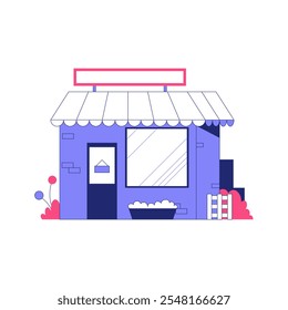 Small Retail Shop With Glass Window And Awning In Flat Vector Illustration Symbolizing Local Business, Storefront, And Commerce, Isolated On White Background.