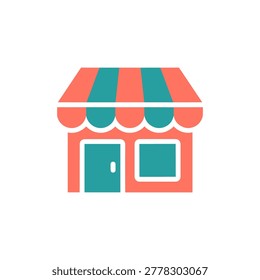 Small retail storefront with colorful awning and turquoise door and window