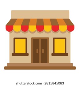 Small retail storefront with striped awning isolated on white background clean vector illustration suitable for local businesses shopping commerce neighborhood markets and commercial branding graphic applications.