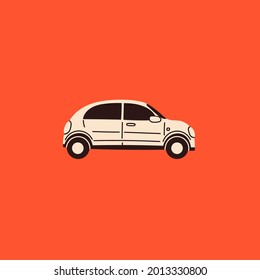 Small retro car. Round shapes. Side view. Colored isolated Icon. Logo, print template. Automobile, Vehicle, motor transport concept. 