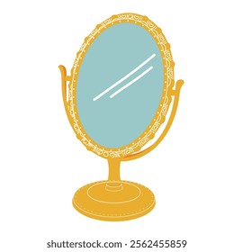 Small retro makeup mirror in circle frame on stand.