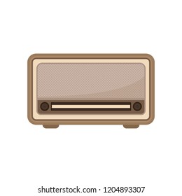 Small retro radio with two settings knobs. Old-school music player. Vintage device. Flat vector for promo flyer or poster