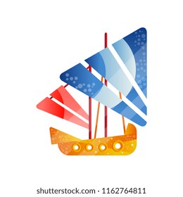 Small retro sailing ship with colored sails flat vector Illustration on a white background
