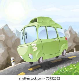 A small retro-styled car having a dangerous trip on the mountain road.
Editable vector EPS v9.0