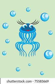 The small ridiculous jellyfish swims in the sea. illustration