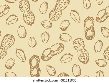 Small ripe raw tasty Arachis hypogaea pods on beige backdrop. Freehand outline ink hand drawn picture object sketchy in art vintage scribble style pen on paper. Closeup tileable view