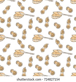 Small ripe raw tasty Peanut pods on beige backdrop. Freehand outline ink hand drawn picture sketchy in art vintage scribble style pen on paper. Closeup view. Seamless pattern peanut pod for packaging.