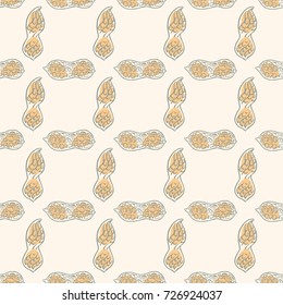 Small ripe raw tasty Peanut pods on beige backdrop. Freehand outline ink hand drawn picture sketchy in art vintage scribble style pen on paper. Closeup view. Seamless pattern peanut pod for packaging.