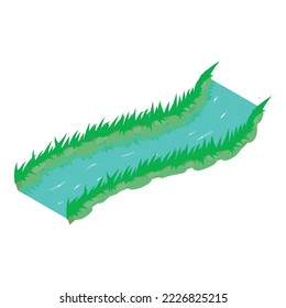 Small river icon isometric vector. River with slow current and grass along shore. Nature, environment, ecosystem