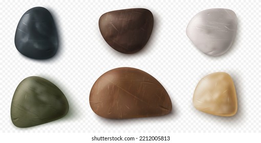 Small river pebbles and stones collection. Smooth beach rocks, sea and ocean coast boulders of various color, texture and shape isolated on white background, Realistic 3d vector illustration, set