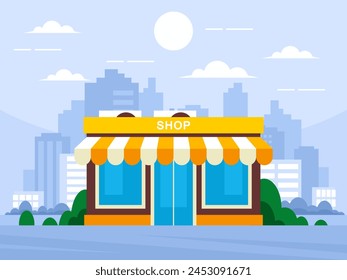 Pequeña tienda al lado de la carretera. Vista frontal del edificio. Paisaje urbano. Atardecer o amanecer. Rascacielos modernos de la ciudad panorama de edificios altos, fondo urbano. Vector gráfico