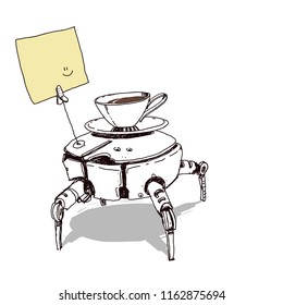 A small robot carries coffee and a message. You can write your own text on the sticker. Vector hand-drawn sketch.