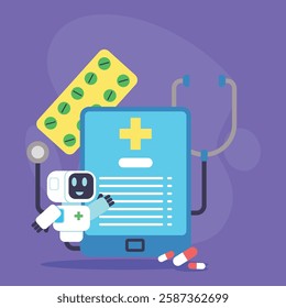 Small robot interacting with digital health record display, surrounded by medication, stethoscope, and blister pack of pills. Digital healthcare advancements concept