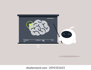 A small robot presents a complex illustration of the human brain, highlighting neural pathways and brain functions in an educational setting that sparks curiosity about robotics and neuroscience