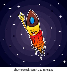 A small rocket similar to a bullet flies through space with a raised hand Rock sign in space among the stars