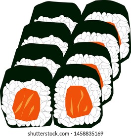 Small rolls with salmon. A set of eight rolls with salmon. Vector illustration of food. Vector graphics.