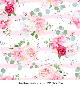Small romantic french bouquets of red and pink rose, white peony, camellia, hydrangea, blue berries and eucalyptus leaves pattern. Seamless vector print on striped geometric background.