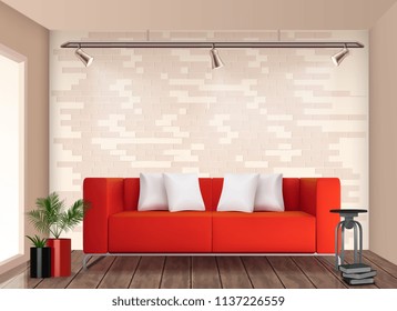 Small room stylish interior design with red sofa and flower pot brighten up neutral walls realistic vector illustration