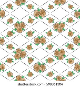 Small rose flowers seamless pattern in orange colors. Vector illustration. Vector multicolored branches with rose flowers on a white background.