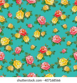 Small roses on a turquoise background.Cute vector illustration in delicate shades.Suitable for fabrics, textiles.