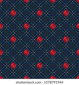 Small roses pattern modern argyle plaid repeat dainty floral motif. Simple geometric red flowers. Rustic allover print block for ladies shirt, dress fabric design.