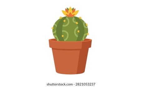 Small round cactus with a bright yellow flower growing inside a classic terracotta clay pot on a white background.