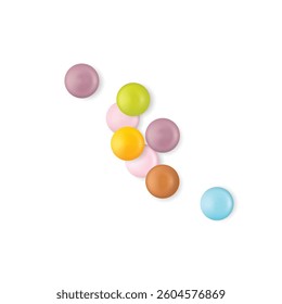 Small round candies icons. Colorful dragees, multicolored glazed chocolate and fruit buttons, various dragee collection, rainbow candies 3d vector illustration