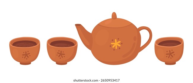 Small round ceramic teapot for traditional tea ceremony and three cups. Vector simple illustration isolated on white background.