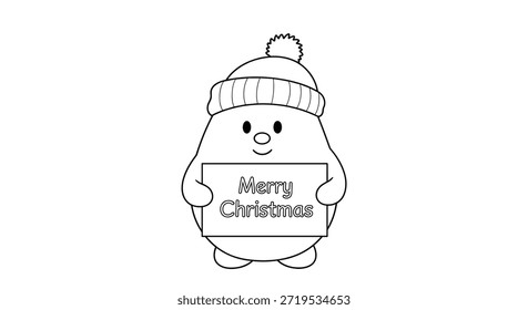 Pequena criatura redonda vestindo um chapéu pom-pom de malha quente segura um sinal retangular com as palavras feliz natal escrito em uma fonte amigável.