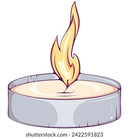 Small round floating candle. Burning tea candle tablet. Close up simple design element. Vector color illustrations in cartoon hand drawn style isolated on white