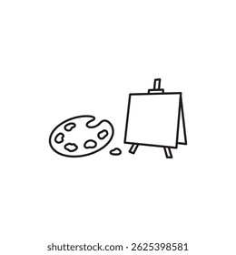 Small round paint palette near open canvas in art studio icon