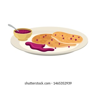 Small round pancakes with purple jam. Vector illustration on white background.