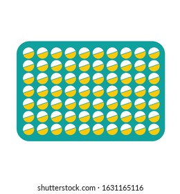 Small round pills blister package icon. Simple flat cartoon style. Healthcare and medicine. Flu dicease therapy. Medical pharmacy. Turquoise green, yellow and white. 