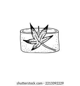 Pequeña vela redonda perfumada aislada en un fondo blanco. Lámpara redonda con hojas de arce, aromaterapia. Estilo de doodle dibujado a mano, ilustración vectorial.