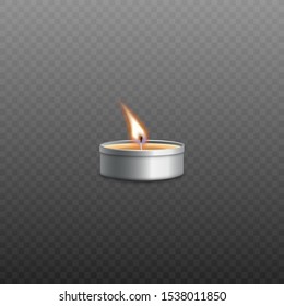 Small round tea light or aroma lamp heating candlelights flame realistic vector illustration isolated on transparent background. Lighted candle in foil can fire.