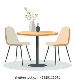 A small, round wooden dining table with a dark base, flanked by two modern upholstered chairs. A white vase with dried flowers and a dark decorative bottle sit on the tabletop.