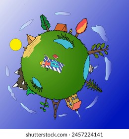 Eine kleine, runde Welt, die Erde, in deren Mitte ein Junge mit einem Telefonbuch und einer Brille auf dem Gras liegt. Vektorillustration Planet Erde mit Häusern, Bergen und Wäldern mit Seen