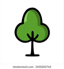 
Pequeño icono de árbol redondeado con una rica parte superior verde, delineado en estilo de dibujos animados para gráficos de parques y jardines.