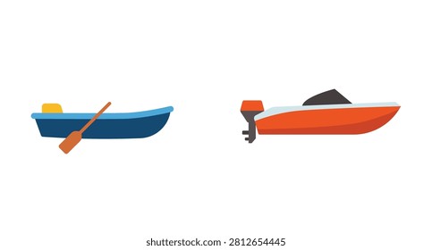 Small rowing boat and orange speedboat icon set. Rowboat with paddle and motorized speed boat vector illustration. Flat design water transport isolated on white.