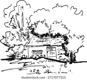 Small Rural Cabin with Trees Nature Landscape Sketch