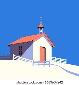 Small rural catholic church flat color vector. Worship village building cartoon icon. Old religion prayer chapel illustration. Christian building design element. Religious event background template