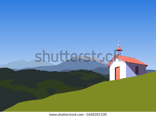 Small rural church in mountains flat vector.\
Worship village building minimalist style cartoon. Religion prayer\
chapel illustration. Christian building design element. Religious\
event baner template