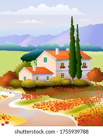 A small rural farm surrounded by fields and trees