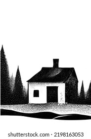 A small rural house on the edge of a coniferous forest, vector black and white illustration.