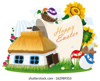 Small rural house with a thatched roof and Easter eggs with a paper scroll on a green meadow with a wooden fence and flowers. Easter invitation